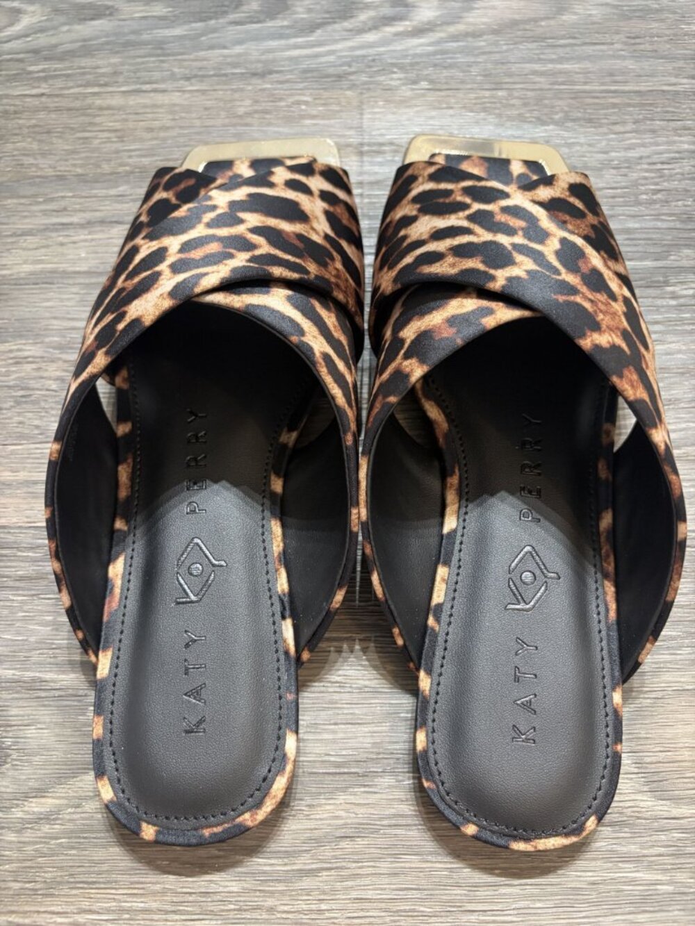 Katy Perry Checked In Slide Sandals 8 38 Leopard Print Satin Coffee Multi NEW - Picture 11 of 13